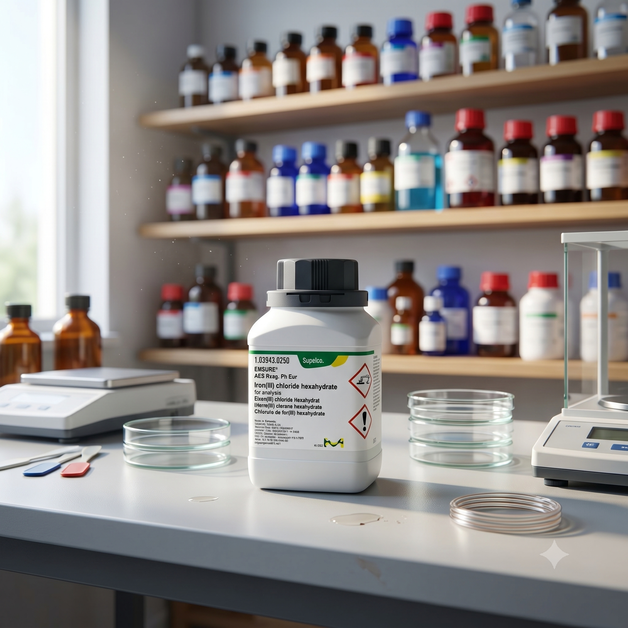 Iron(III) Chloride Hexahydrate EMSURE® Merck Cat. No. 103943 merupakan reagent analytical grade berkualitas tinggi untuk kebutuhan analisis laboratorium, sintesis kimia, quality control, penelitian, dan aplikasi industri. Memenuhi standar ACS Reag. Ph Eur untuk penggunaan profesional dan institusional.