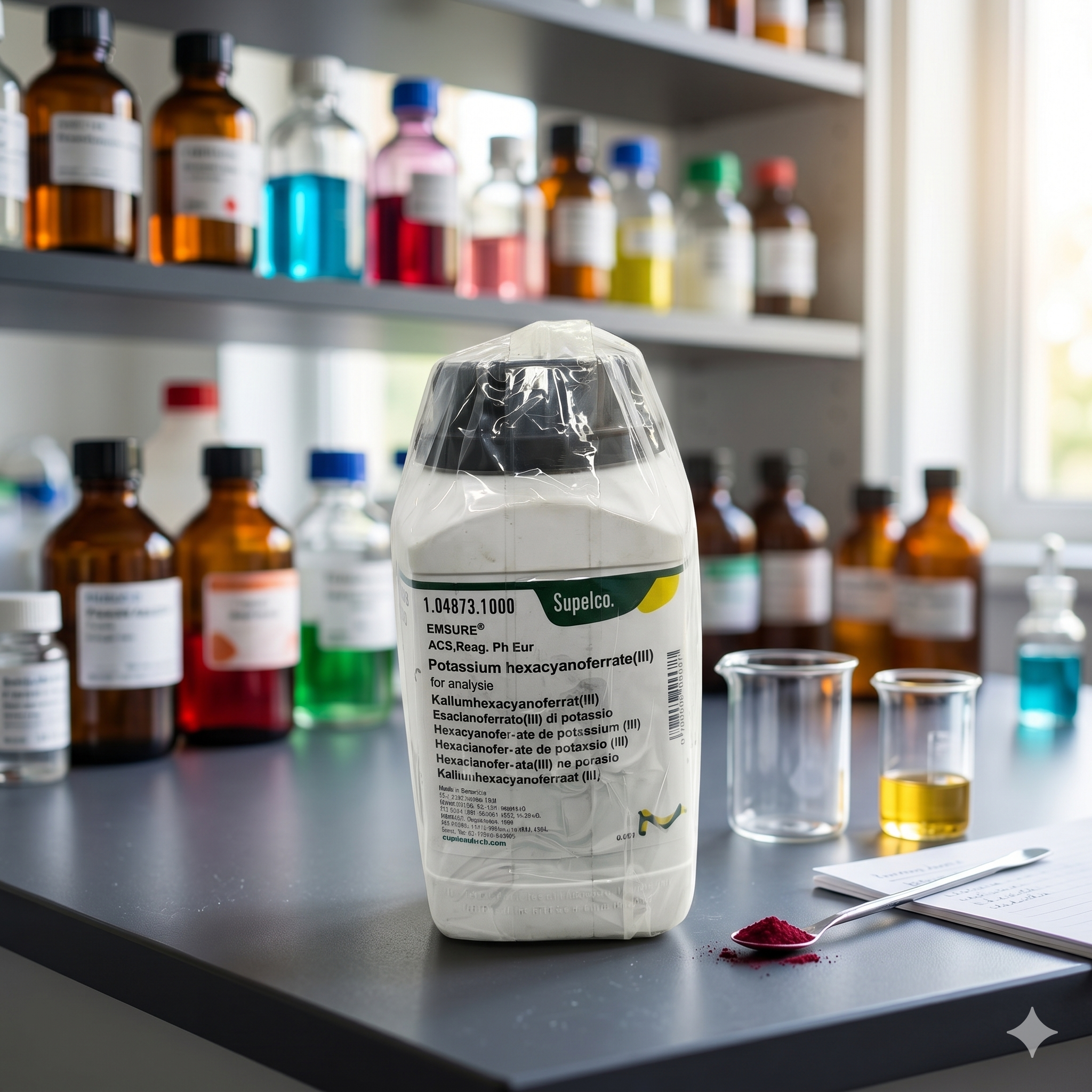 Potassium Hexacyanoferrate(III) EMSURE® Merck 104973 adalah bahan kimia analytical grade berkualitas tinggi untuk kebutuhan laboratorium, penelitian, quality control, pendidikan, dan aplikasi industri. Memenuhi standar ACS dan Ph Eur dengan tingkat kemurnian tinggi untuk analisis yang akurat dan konsisten.