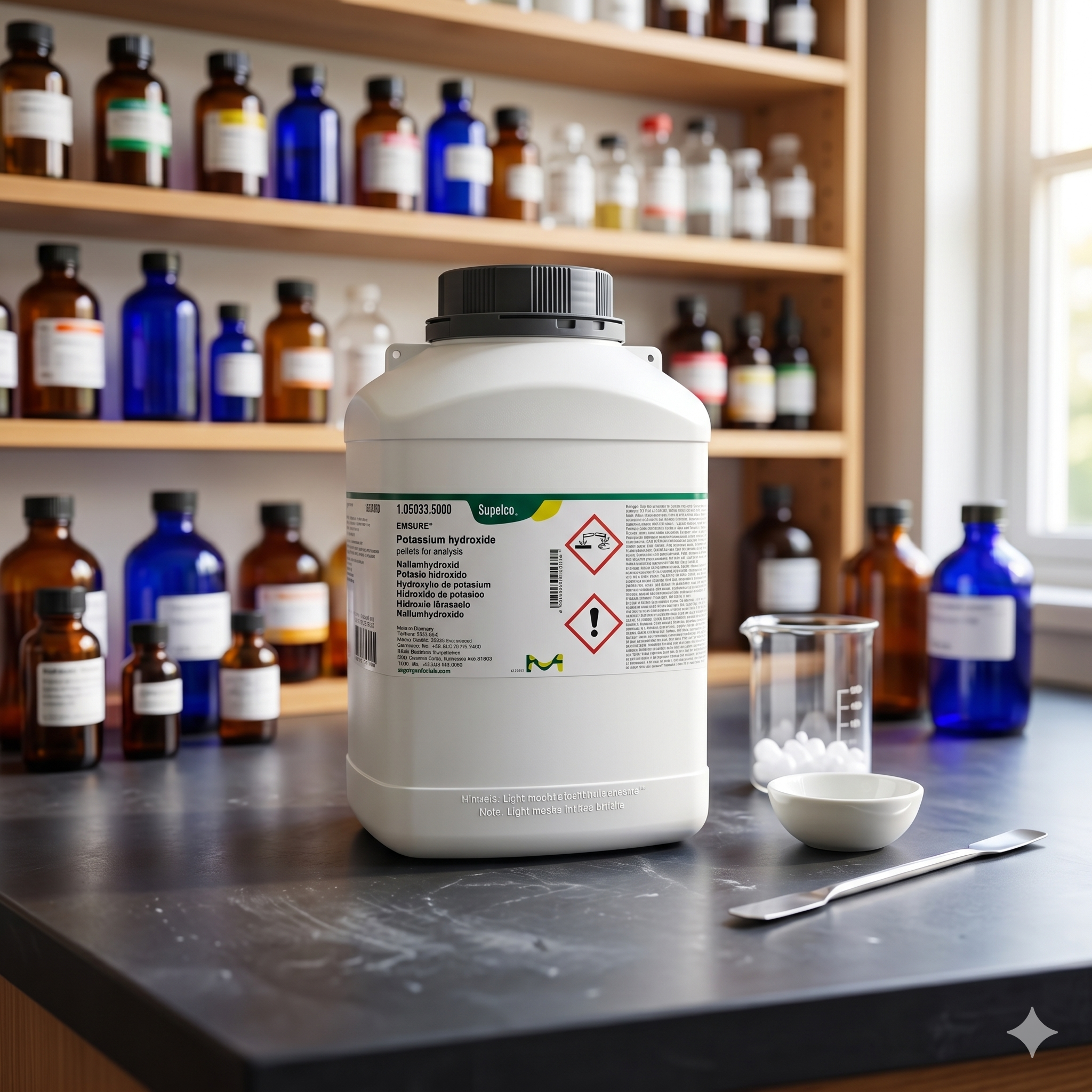 Potassium Hydroxide Pellets EMSURE® Merck 105033 adalah bahan kimia analytical grade berkualitas tinggi untuk kebutuhan laboratorium, penelitian, quality control, pendidikan, dan aplikasi industri. Cocok digunakan untuk analisis kimia, preparasi larutan, titrasi, dan proses penelitian dengan standar kemurnian tinggi.