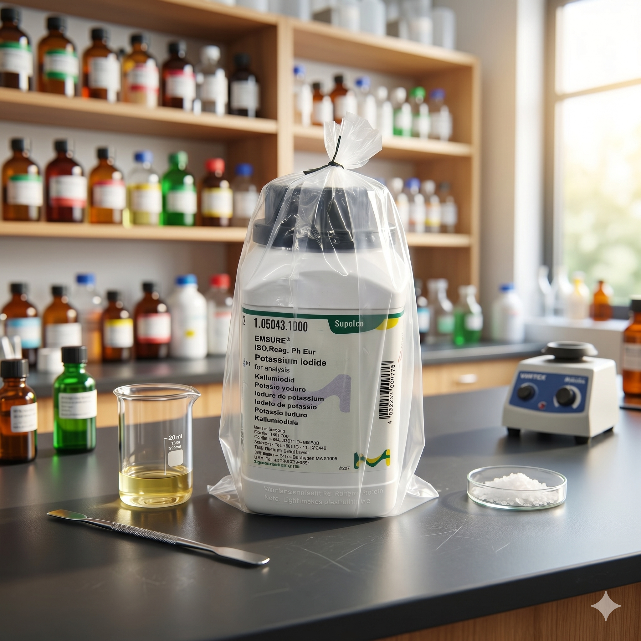 Potassium Iodide EMSURE® Merck 105043 merupakan bahan kimia analytical grade berkualitas tinggi untuk kebutuhan laboratorium, penelitian, quality control, pendidikan, dan aplikasi industri. Memenuhi standar ISO Reag. Ph Eur dengan tingkat kemurnian tinggi untuk hasil analisis yang akurat dan konsisten.