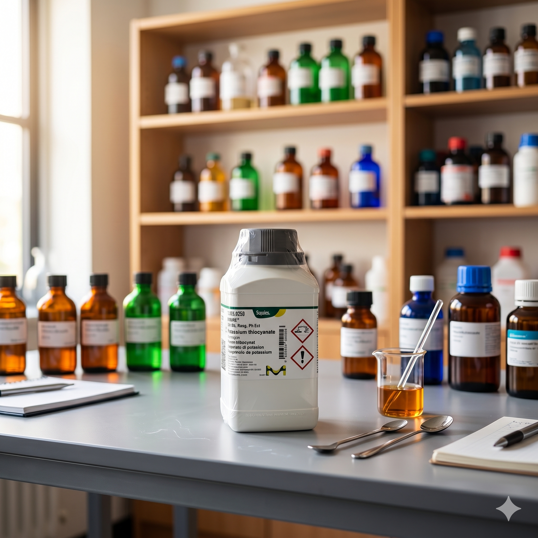 Potassium Thiocyanate EMSURE® Merck 105125 adalah bahan kimia analytical grade berkualitas tinggi dengan standar ACS, ISO Reag., dan Ph Eur untuk kebutuhan laboratorium, penelitian, quality control (QC), pendidikan, dan aplikasi industri. Cocok digunakan untuk analisis kimia, preparasi reagen, titrasi, dan aplikasi research profesional.