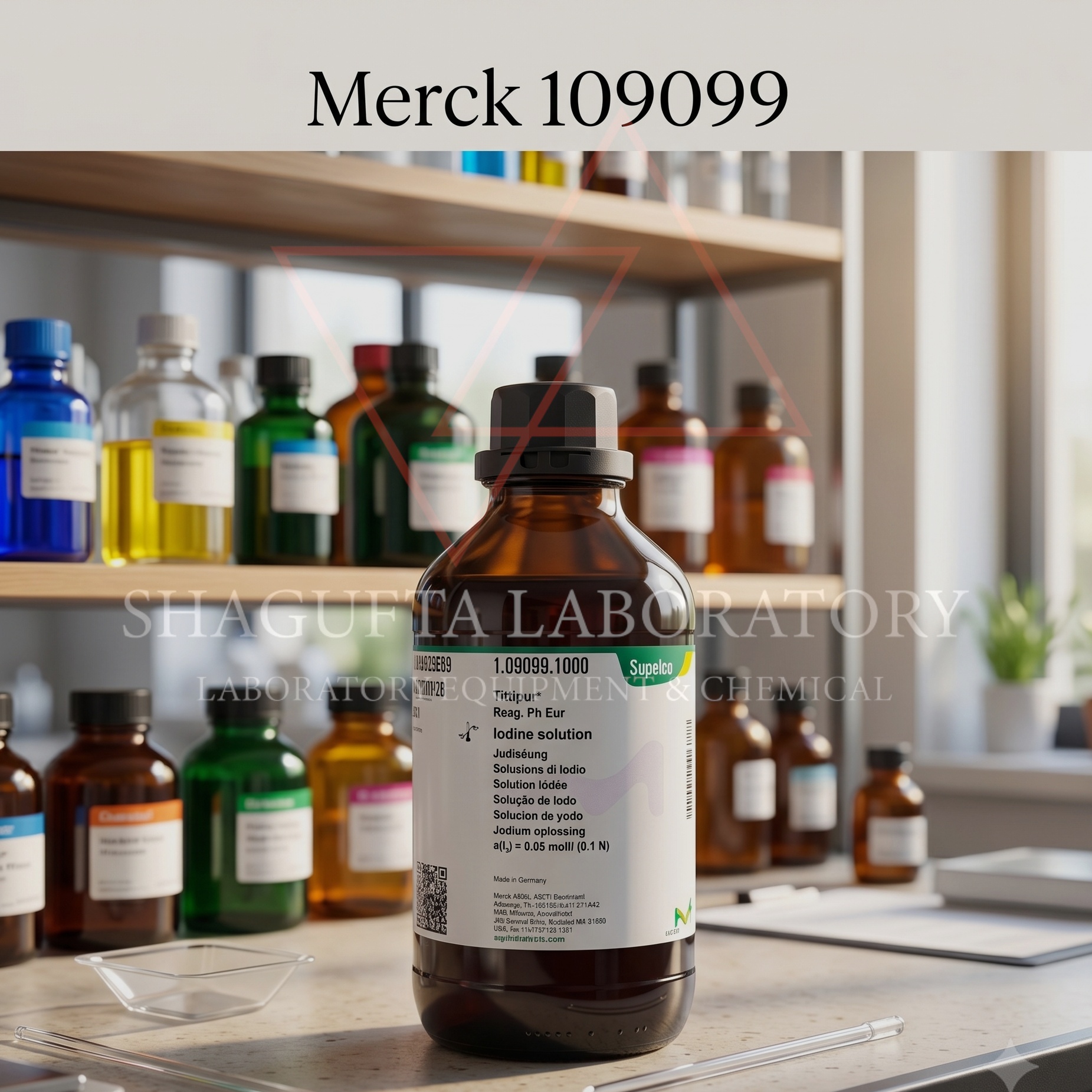 Iodine Solution Merck 1 Liter 0.05 mol/L 1.09099.1000 – Larutan Iodin Standar untuk Titrasi Iodometri Laboratorium
