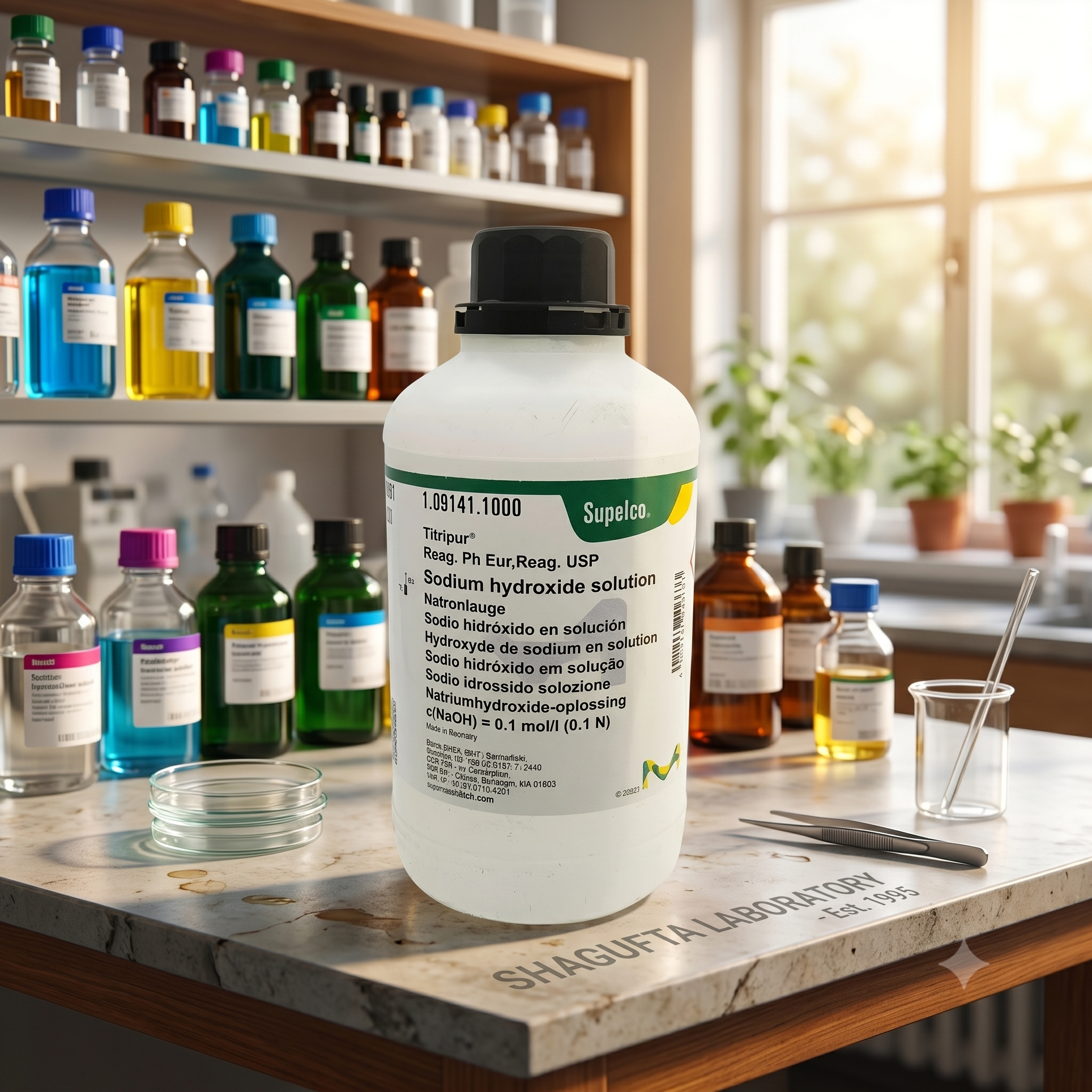Supelco Sodium Hydroxide Solution 0.1 mol/L 1.09141.1000 – Larutan Natrium Hidroksida Reagen Titrasi Laboratorium