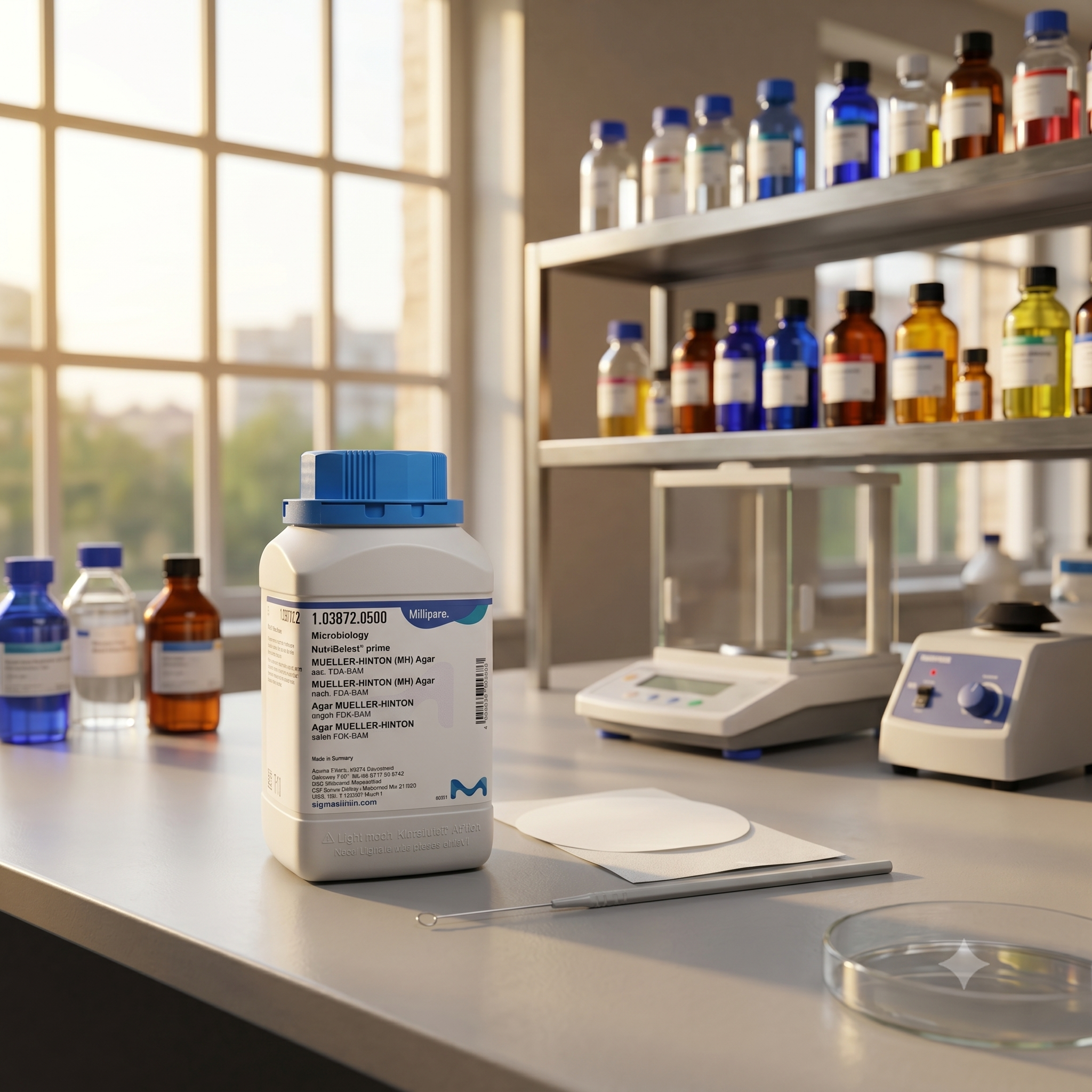 Mueller Hinton (MH) Agar NutriSelect® Prime Merck Millipore Cat. No. 103872 merupakan media mikrobiologi standar untuk pengujian sensitivitas antibiotik dan kultur bakteri. Cocok digunakan pada laboratorium mikrobiologi, QC farmasi, rumah sakit, penelitian, dan institusi pendidikan.
