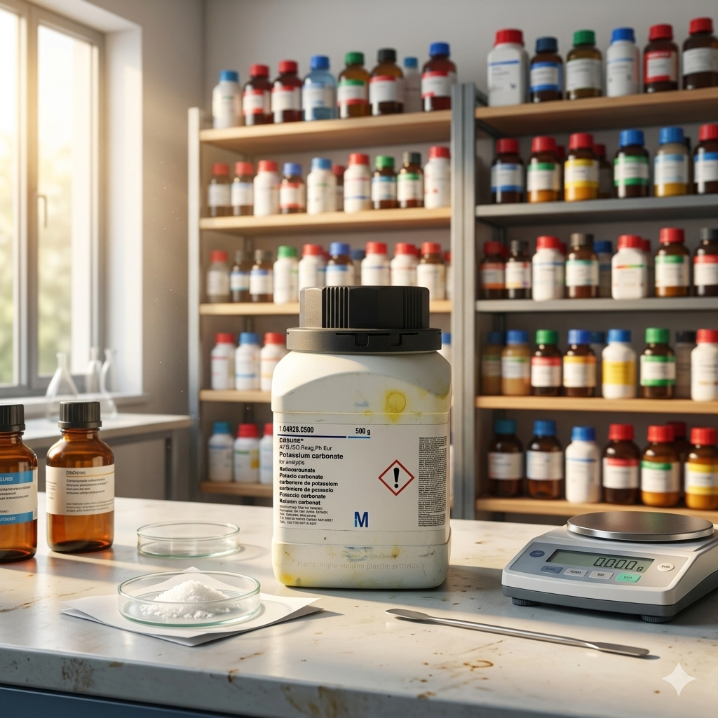 Potassium Carbonate (Kalium Karbonat) EMSURE® Merck 104928 merupakan bahan kimia analytical grade berkualitas tinggi untuk kebutuhan laboratorium, penelitian, quality control, pendidikan, dan industri. Memenuhi standar ACS, ISO, dan Reag. Ph Eur untuk aplikasi analisis presisi tinggi dan penggunaan profesional.